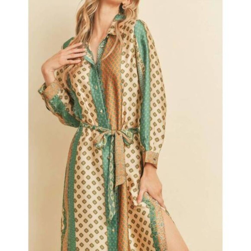 Dress Forum Sasha Border Print Satin Shirt Dress sz S - Picture 4 of 9
